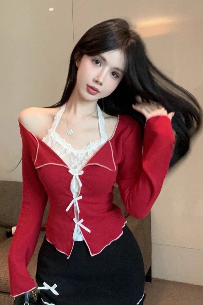 Áo dây cổ ren thắt nơ cho nữ áo cardigan ngắn hai mảnh giả bên trong màu đỏ