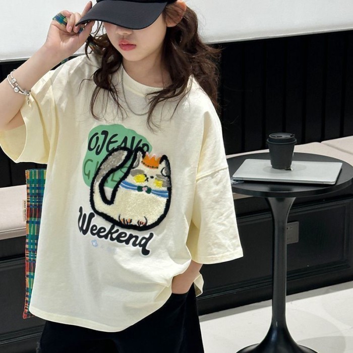 quần áo trẻ em Áo thun ngắn tay bé gái áo mới cỡ vừa và lớn cho trẻ em phong cách mùa hè rộng rã