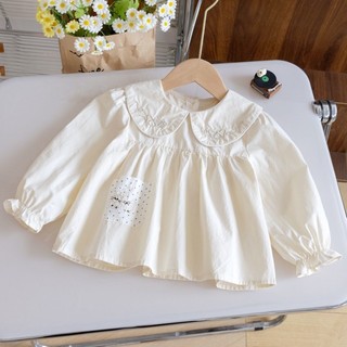 Áo sơ mi nữ phong cách Hàn Quốc cổ búp bê cotton nguyên chất áo sơ mi công chúa chấm bi cho trẻ em