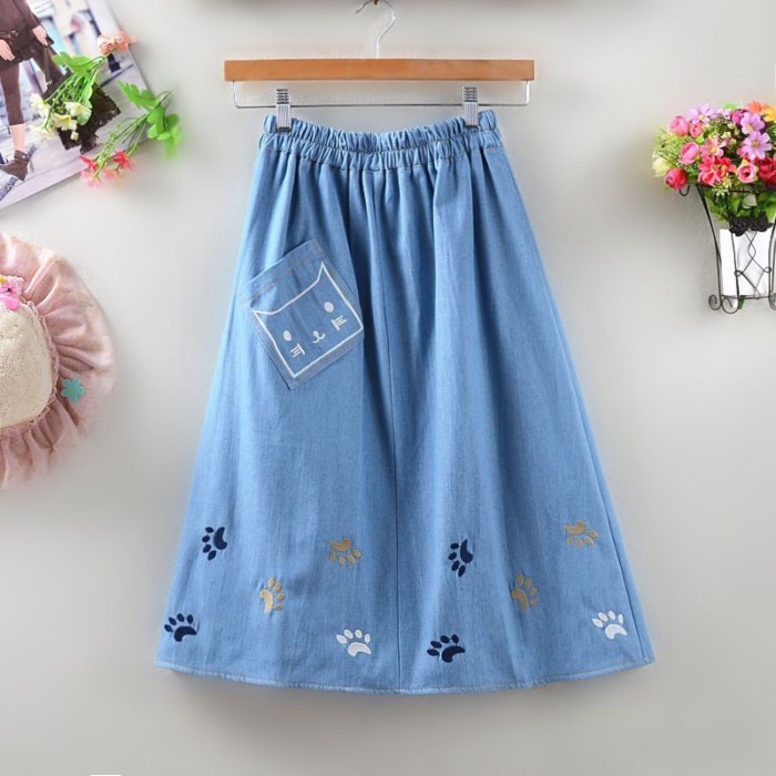 Váy Denim Mới Eo Co Giãn Thêu Chân Váy Chữ A Dài Trung Bình Váy Học Sinh
