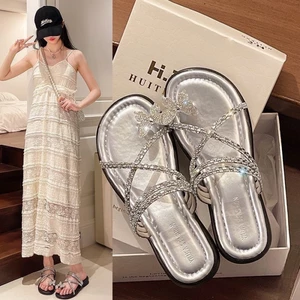 Áo khoác ngoài đẹp Dép Nữ Mùa Hè Phẳng Cổ Tích Phong Thủy Kim Cương Nơ Váy Đi Biển Dép Xăng Đa