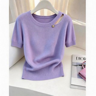 Áo len dệt kim màu tím độc đáo và đẹp mới giảm béo dopamin rỗng tay ngắn