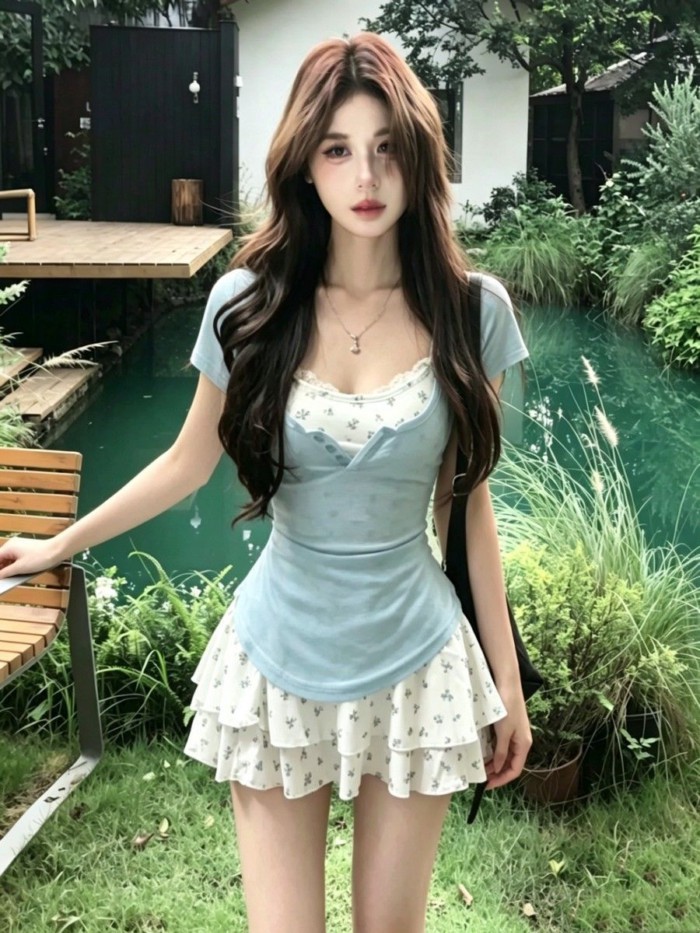 Tươi Mát Và Tinh Khiết Desire Slim Ngắn Tay Áo Hoa Suspender Bánh Đầm Nữ Mùa Hè Slim Hot Girl