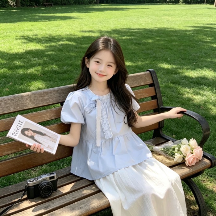Xanh Dương Phong Cách Nhẹ Nhàng Thắt Nơ Áo Bé Gái Thiết Kế Tay Phồng Áo Sơ Mi Babydoll Thời T