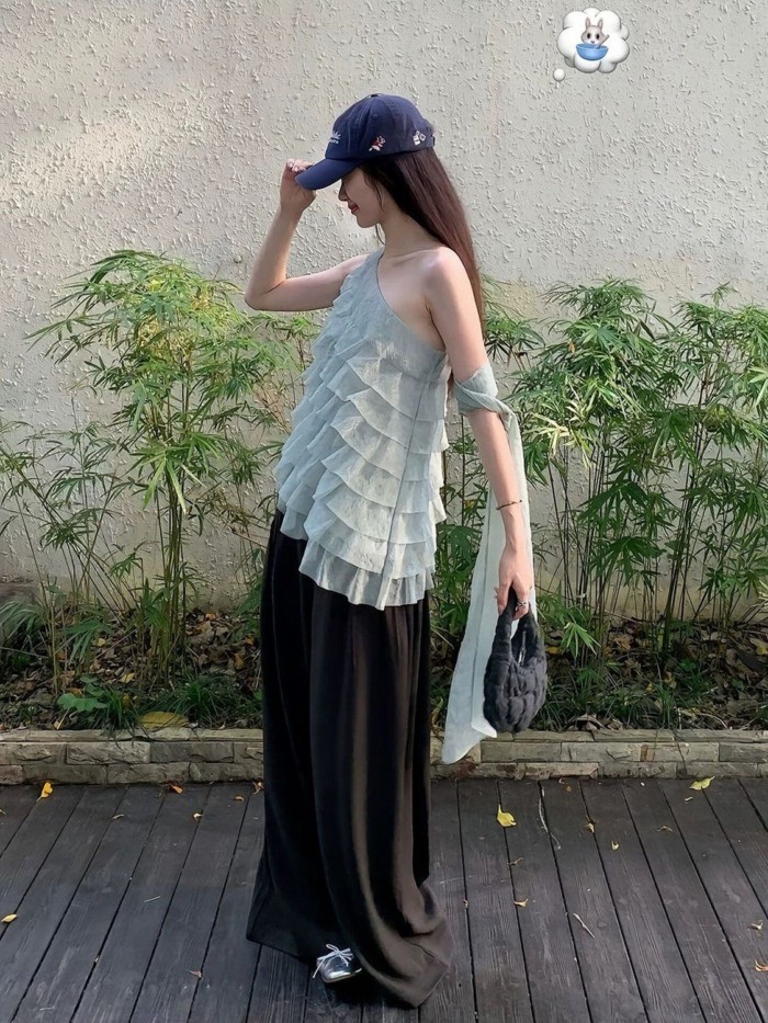 Lớp bánh xù lông bất đối xứng Ruy băng lệch vai