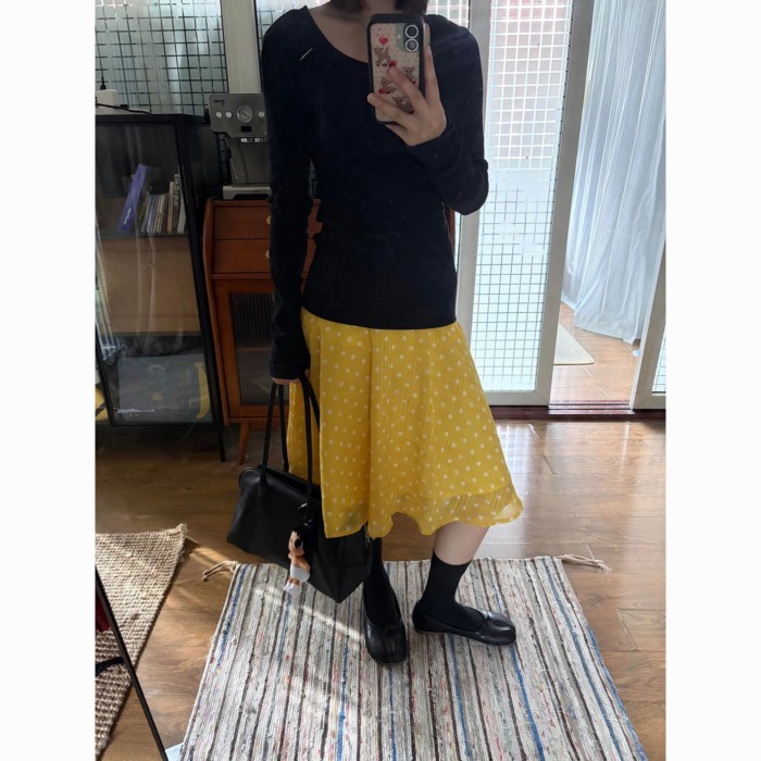 Lan ~ Nhật Bản Ngọt Ngào Màu Vàng Chấm Bi Drape Váy Nữ Xuân Hè Đơn Giản Phong Cách Preppy Mỏng Hơn Nhìn Họa Tiết Váy chữ a