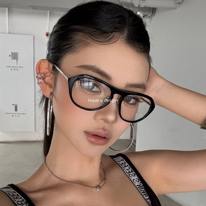 Have u desgin Phiên bản Hàn Quốc Kính gọng lớn màu đen Nữ Full Frame Retro Hot Girl Mặt trơn Dụng cụ tiện dụng Mặt tròn nhỏ có khung kính cận thị