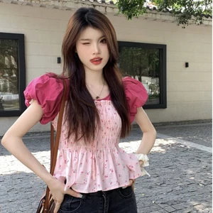Áo sơ mi voan hồng tay phồng nữ mùa hè mới ngắn ngọt ngào áo sơ mi eo sang trọng và đẹp