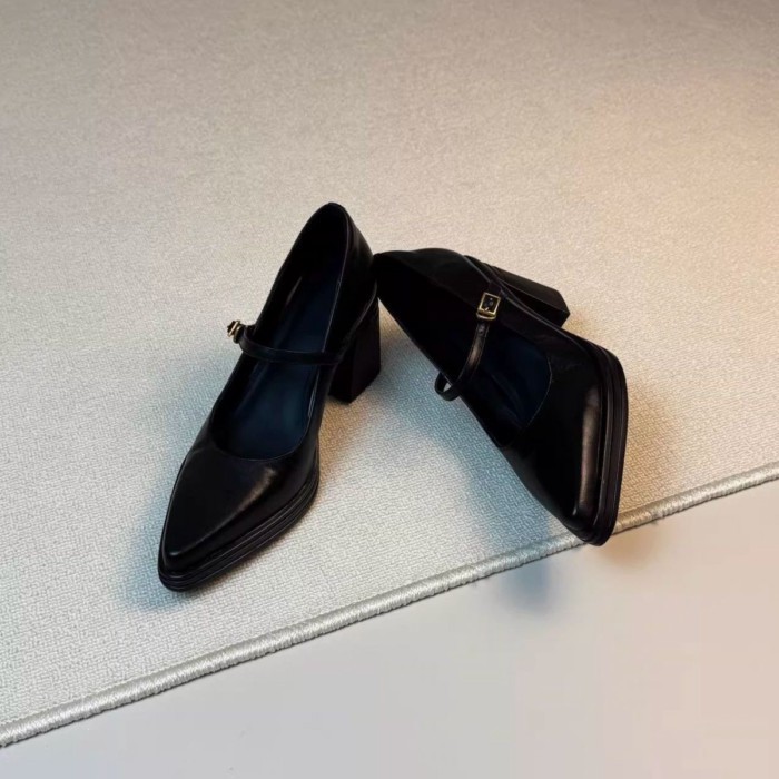 Giày một mảnh mũi nhọn kiểu Pháp có gót dày Mary Jane nữ nông đi lại chuyên nghiệp 7cm
