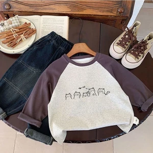 Áo thun dài tay cotton nguyên chất dành cho trẻ em sọc mới đáy quần mùa xuân thu bé trai và bé g