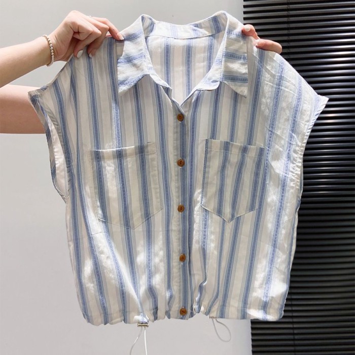 Áo sơ mi ngắn tay có ve áo sọc dành cho nữ phong cách mới rộng rãi và đa năng, áo cổ polo ngắn g
