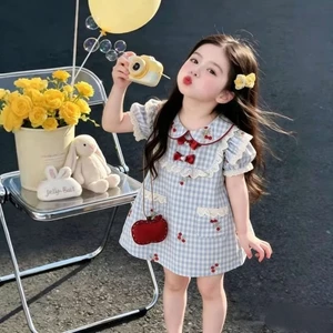 Mùa Hè Nữ Kẻ Sọc Bể Đầm Trẻ Em Họa Tiết Hoa Kẻ Sọc Đầm Công Chúa Thời Trang Bé Gái