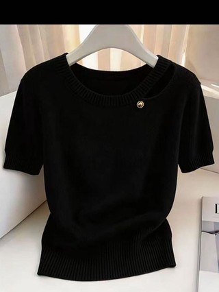 Áo len dệt kim màu tím độc đáo và đẹp mới giảm béo dopamin rỗng tay ngắn