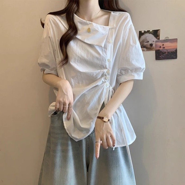 Lan ~ Áo Sơ Mi Tay Ngắn Không Đều Pháp Mùa Hè Mỏng Hơn Nhìn Mới Hàng Đầu Thiết Kế Thời Trang Phối Ren Bong Bóng Eo hẹp