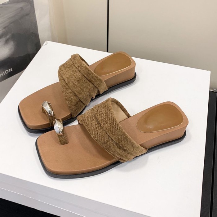 Dép xỏ ngón hở mũi đẹp phong cách retro vải lanh đế dày đi biển cho nữ mặc mùa hè