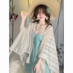 Mùa Hè mỏng tua rua rỗng dệt kim ren nữ khăn choàng mỏng cardigan bên bờ biển bãi biển váy kỳ