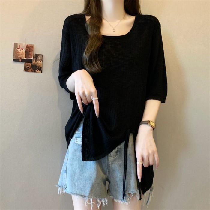 Lan ~ Size Lớn Mỡ mm Pit Strip Không Đều Chia Tay Áo Thun Nữ Mùa Hè Phong Cách Mới Rời Ôm Hơn Nhìn Giảm Tuổi Top Nữ ins