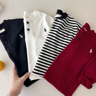 Bé trai dày cổ đứng Áo thun polo thêu cổ chữ V giản dị sọc màu hàng đầu Áo thun dài tay