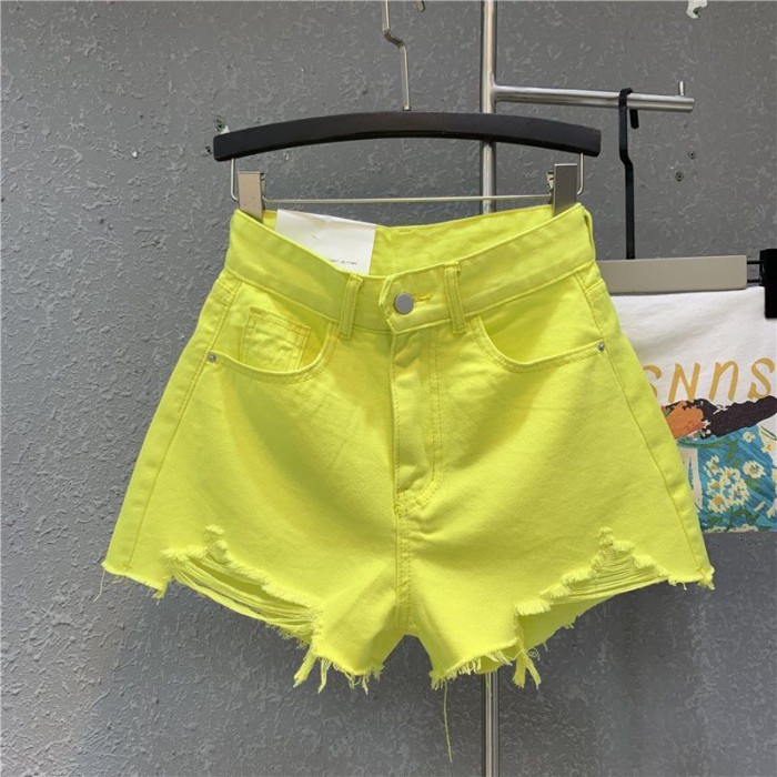 Mới kẹo tím retro cạp cao giảm béo quần ống rộng rách thô viền quần short denim