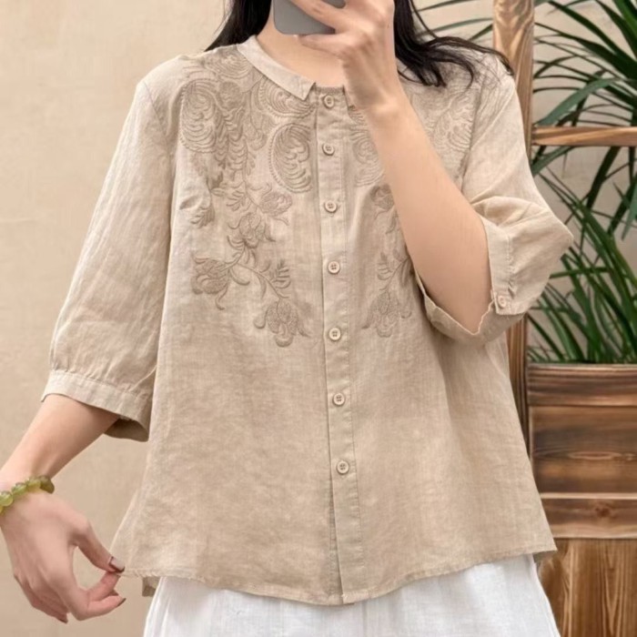 Retro văn học dáng rộng hàng đầu thường ngày cardigan mỏng ba phần tư áo sơ mi tay áo sơ mi nhỏ thê