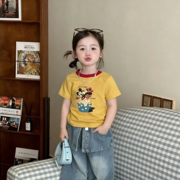 Áo thun ngắn tay mùa hè kiểu mới cho bé gái, áo dễ thương thời trang, in hình hoạt hình Hàn Q