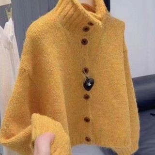 cổ cao dệt kim lười áo khoác mùa thu đông mới áo len đơn ngực cardigan màu trơn áo len dệt kim