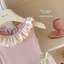Mềm mại dễ thương phong cách bé gái mùa hè mới đầm màu hồng và trắng tương phản màu sắc cổ re