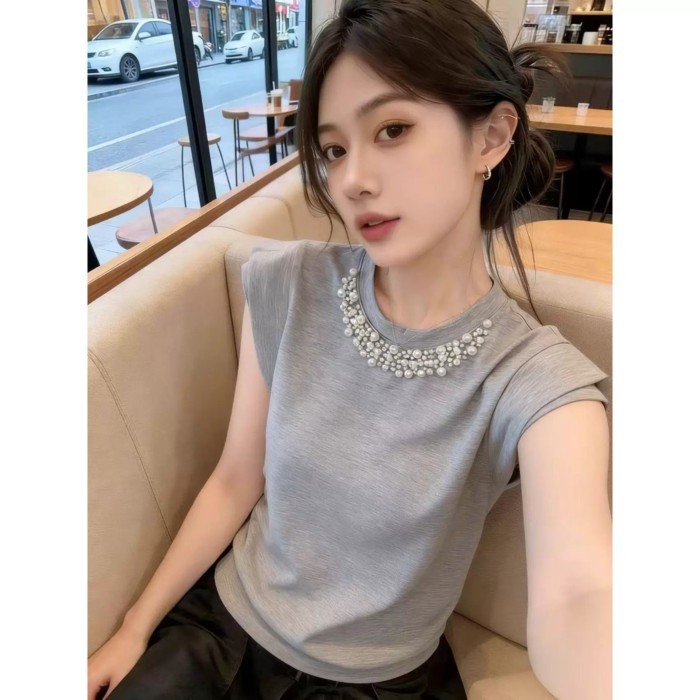 Áo sơ mi nhỏ màu xám hàng đầu ngành công nghiệp nặng cao cấp đính cườm kích thước lớn đáy micro