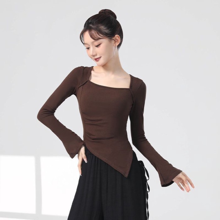 kiểu quần áo múa cổ điển mới, áo dài tay nhảy hiện đại, quần áo tập body màu đen, quần áo tập mú
