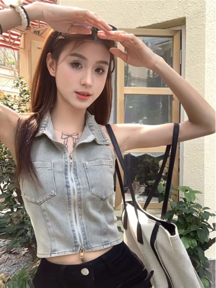 Hot Girl Pure Desire Top Ngắn Dây Kéo Denim Dây Cổ Áo Vest Nữ Hợp Thời Trang