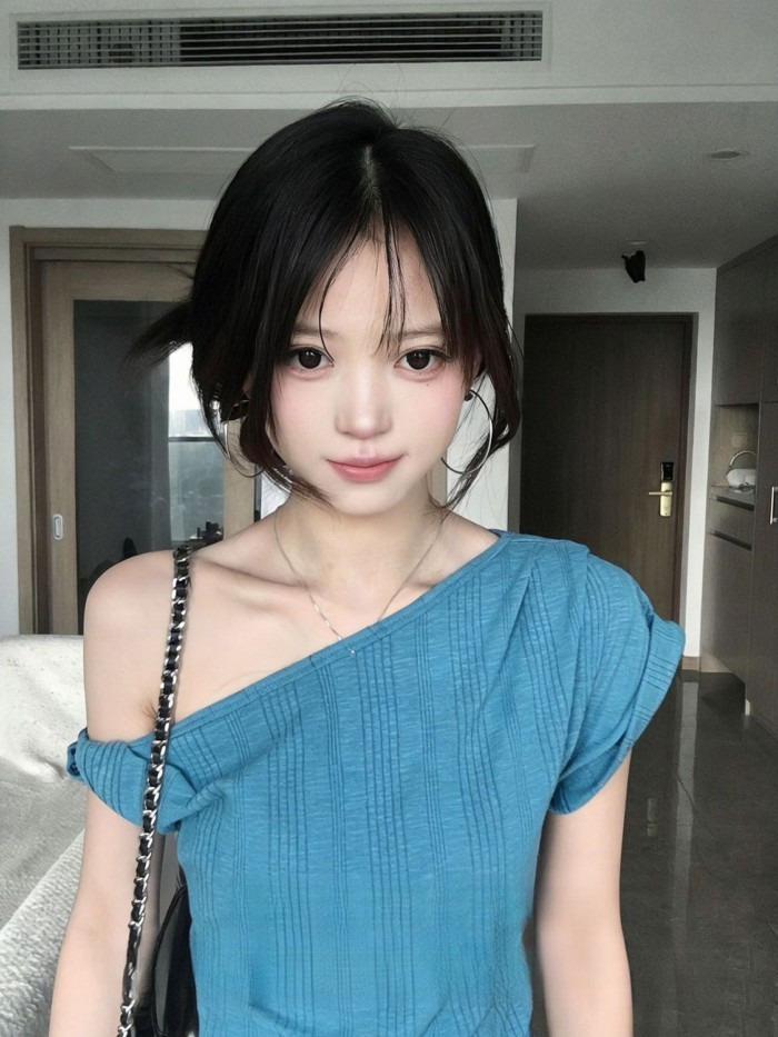 Áo thun trễ vai màu xanh hồ cho nữ thiết kế mùa hè dáng ôm ngắn tay trễ vai hàn quốc