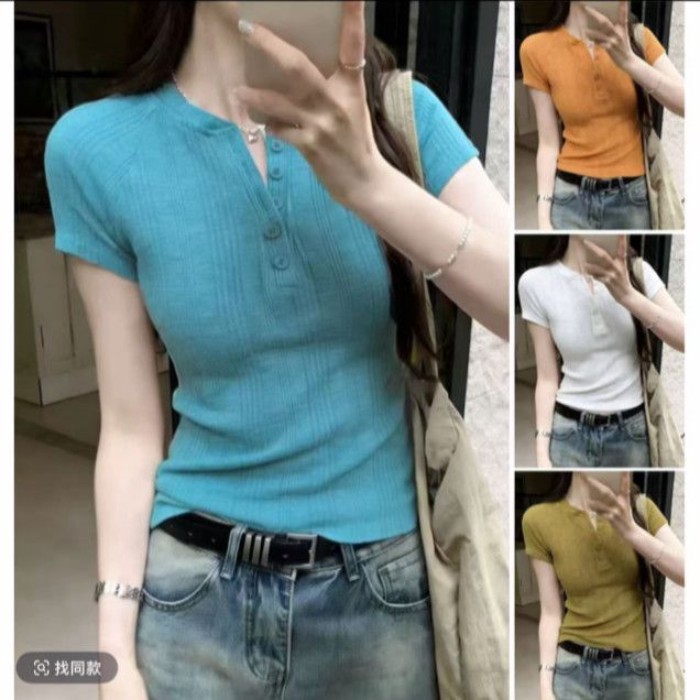 Áo thun ngắn tay giảm béo cài cúc mùa hè cho nữ, áo đa năng cho nữ, cổ chữ V