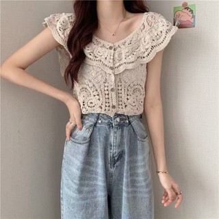 Áo không tay ngắn phong cách mùa hè mới có viền ruffle nhỏ thơm rỗng áo không tay ren móc dàn