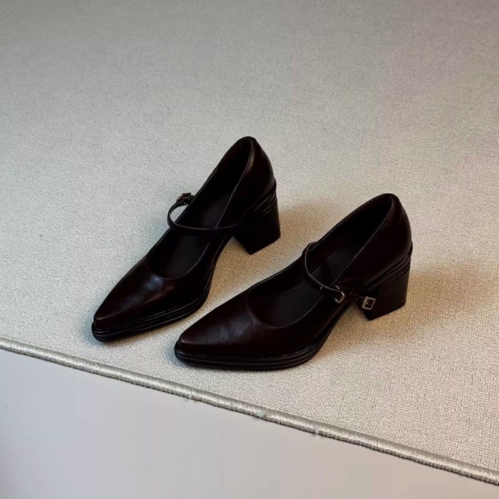Giày một mảnh mũi nhọn kiểu Pháp có gót dày Mary Jane nữ nông đi lại chuyên nghiệp 7cm