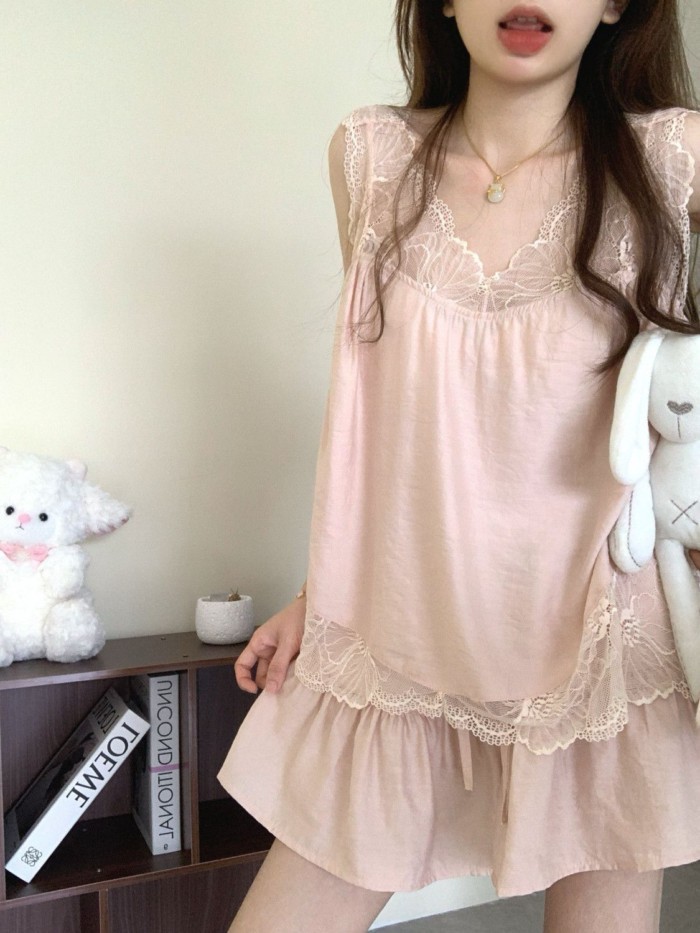 Bộ Đồ Ngủ Ren Ngọt Ngào Mùa Hè Cho Nữ Phong Cách Mùa Hè Mới Áo Vest Quần Short Bộ Quần Áo Ở Nhà