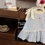 Váy vest bé gái phong cách Hàn Quốc nơ ngọt ngào kẻ sọc xanh váy nụ hoa dễ thương váy trẻ em
