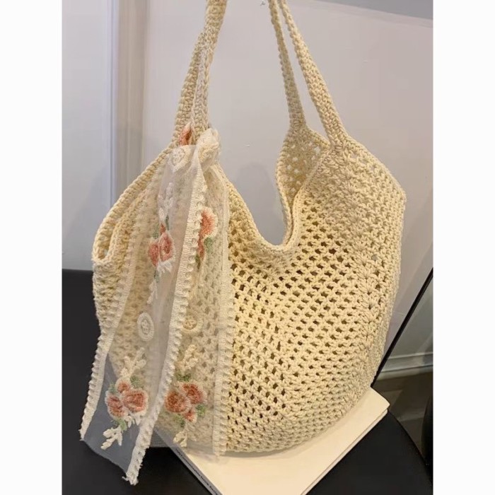 Túi đeo chéo nách phong cách lười biếng dành cho nữ mùa hè chất liệu cotton rỗng dung tích lớn