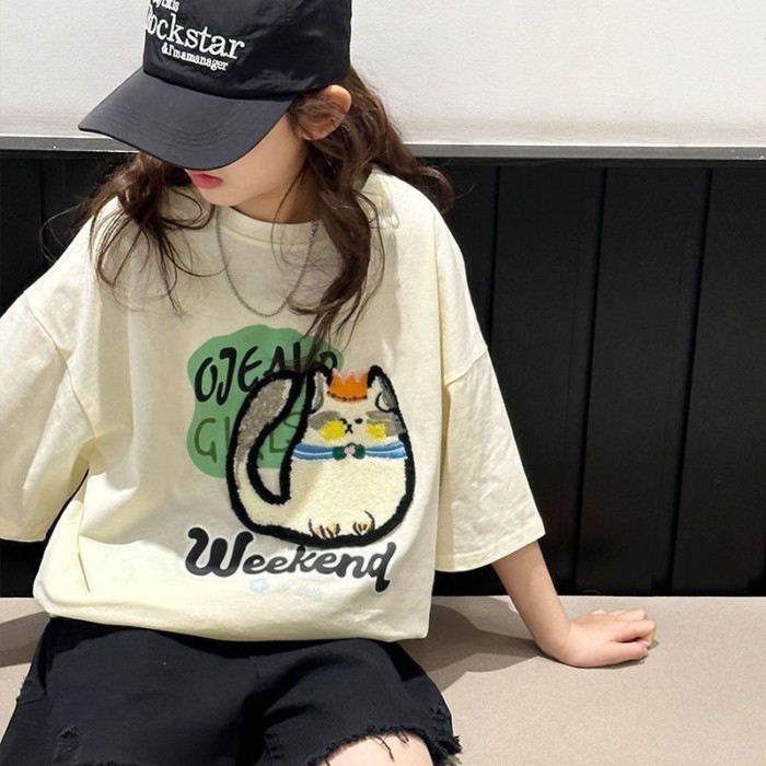 quần áo trẻ em Áo thun ngắn tay bé gái áo mới cỡ vừa và lớn cho trẻ em phong cách mùa hè rộng rã