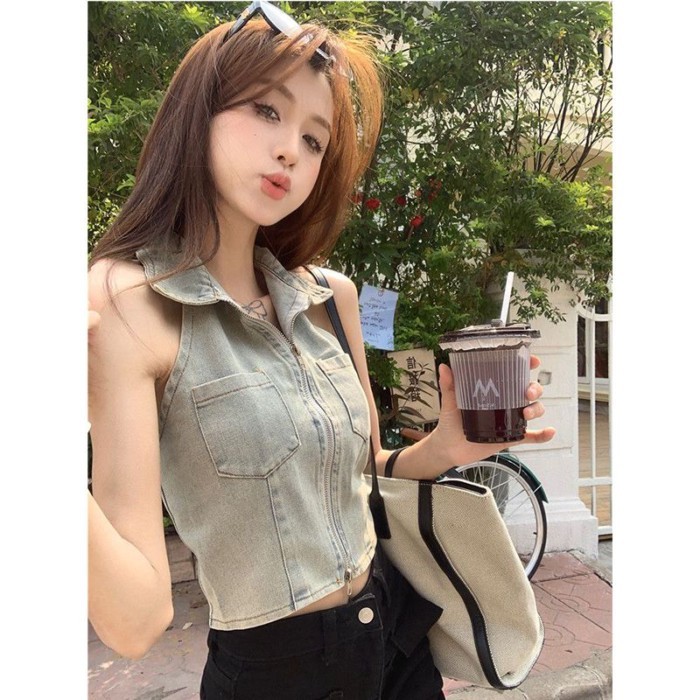 Hot Girl Pure Desire Top Ngắn Dây Kéo Denim Dây Cổ Áo Vest Nữ Hợp Thời Trang