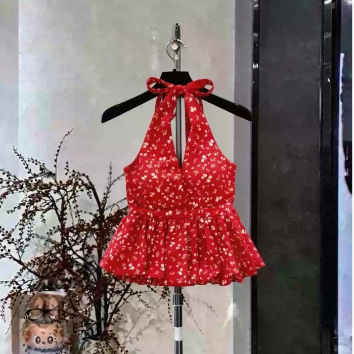 Áo vest hoa cổ yếm phong cách nghỉ dưỡng Pháp dành cho nữ có eo cổ chữ V và dây treo nụ hoa g
