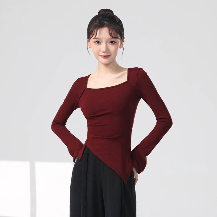 kiểu quần áo múa cổ điển mới, áo dài tay nhảy hiện đại, quần áo tập body màu đen, quần áo tập mú
