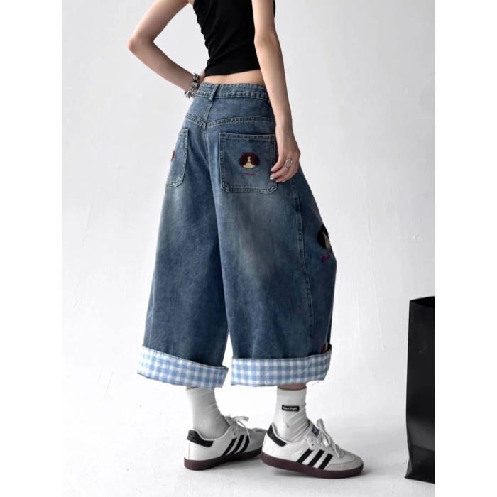 Phong Cách Mỹ Rửa Sạch Đau Khổ Cún Con Thêu Quần Short Denim Nữ Mùa Hè Dòng Chảy Retro Rời Ống R