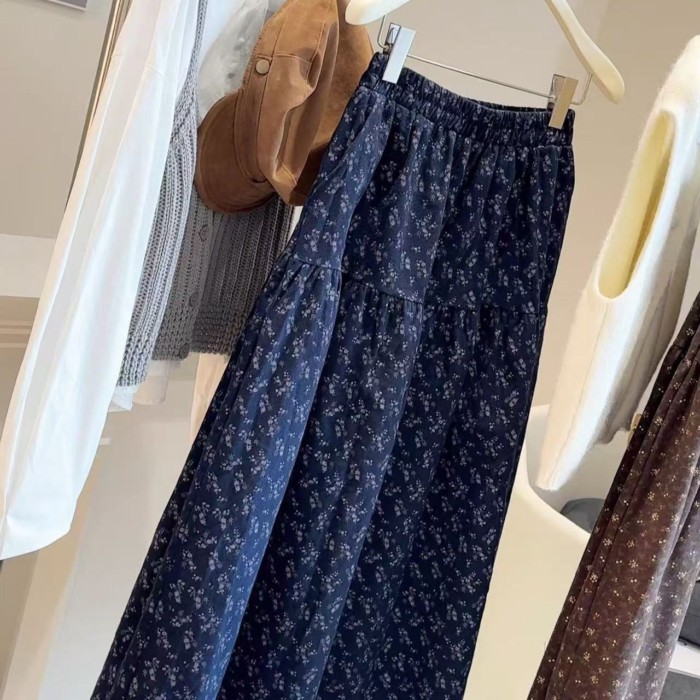 màu cà phê rừng nhẹ nhàng retro văn học váy hoa mùa thu đông mới cotton nguyên chất chải cao eo