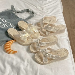 Phong cách nghỉ lễ nhẹ nhàng ~ Dép xỏ ngón nơ đế dày 5cm cho nữ mặc như áo khoác ngoài, dép đi b