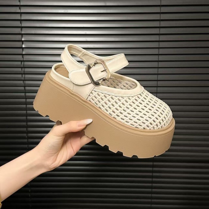 Dép xỏ ngón mùa hè dành cho nữ, đế dày, cao 6cm, váy, giày La Mã dệt rỗng thông thường