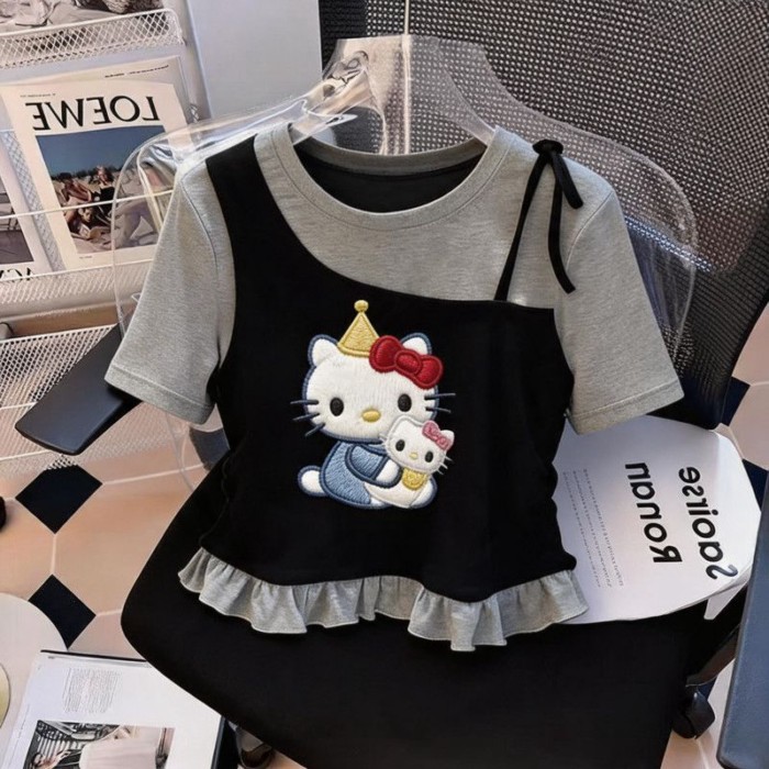 Bé Gái Mùa Hè Mới Cổ Tròn Hàn Quốc Giả Hai Mảnh Màu Sắc Tương Phản Tay Ngắn Phối Áo Phông Dễ