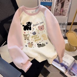 Áo nỉ bé gái vừa và lớn Hello Kitty Loose Velvet dày tay áo Raglan
