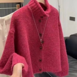 cổ cao dệt kim lười áo khoác mùa thu đông mới áo len đơn ngực cardigan màu trơn áo len dệt kim