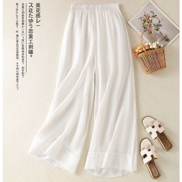 Quần cotton và lanh, quần âu nghệ thuật gia đình phong cách mới, quần ống rộng thêu ren, quần