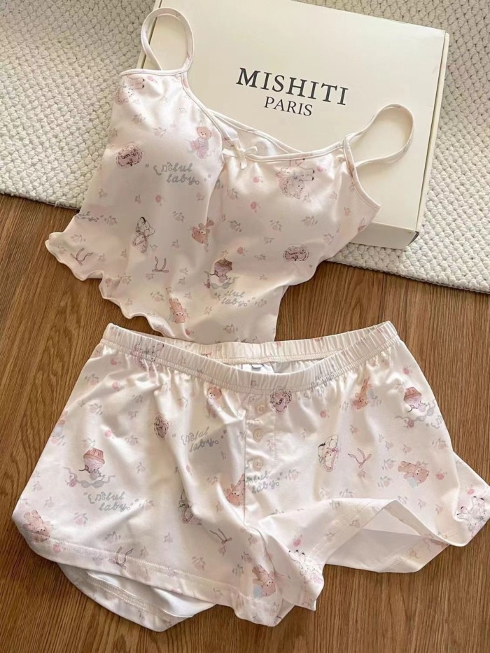 Bộ đồ ngủ treo hình gấu hoa nữ tính ngọt ngào Phong cách mỏng manh của phụ nữ có thể mặc được